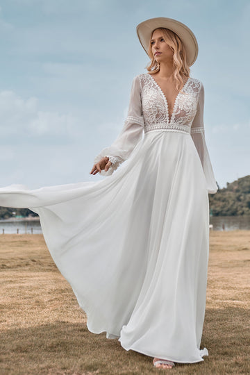 Long Sleeves Ivory A Line Wedding Dress with Lace
